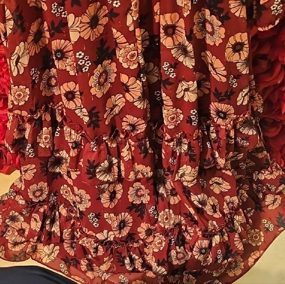 Rare Editions Floral Burgundy & Pink Ruffle Tier Lined Dress Size Large - Picture 10 of 10